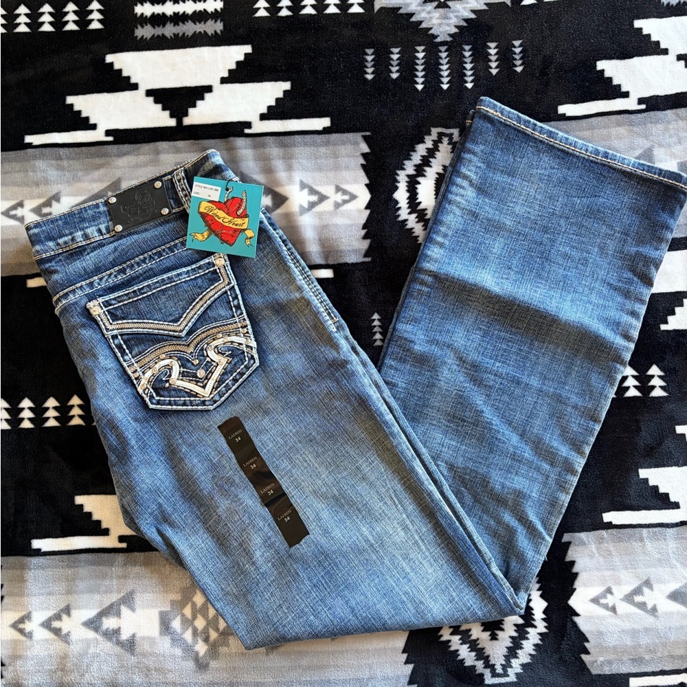 Embellished Pocket Boot Cut Jeans in Medium Blue